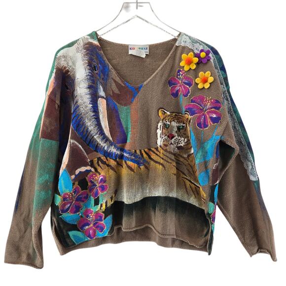 Vintage Sweater Women 1 (L XL) Handpainted Tiger Elephant 3D Flowers Tan Cropped - Picture 1 of 12